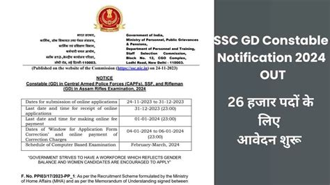 Ssc Gd Constable Notification 2024 Out एसएससी जीडी कांस्टेबल परीक्षा