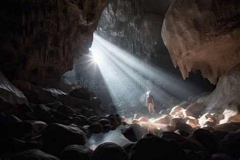 Person Exploring The Depths Of A Crystal Clear Cave With Light