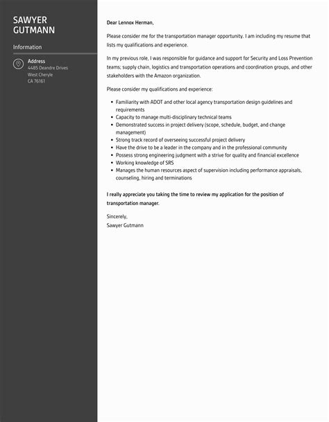 Transportation Manager Cover Letter Velvet Jobs