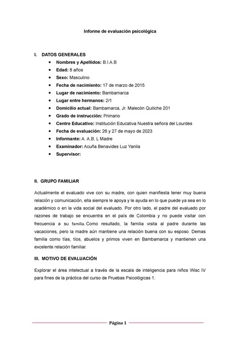 Informe Wisc IV Modelo UPN Informe de evaluación psicológica I