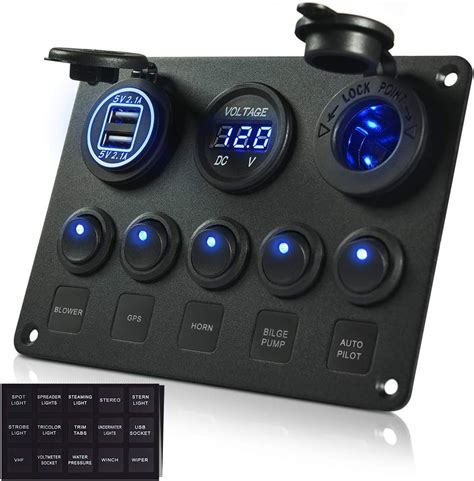 MICTUNING 5 Gang Rocker Switch Panel With LED Light 12V 24V Toggle