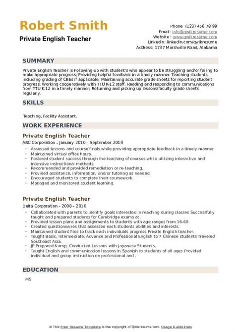 Private English Teacher Resume Samples QwikResume