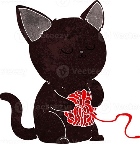 Cartoon Cute Black Cat Playing With Ball Of Yarn Png