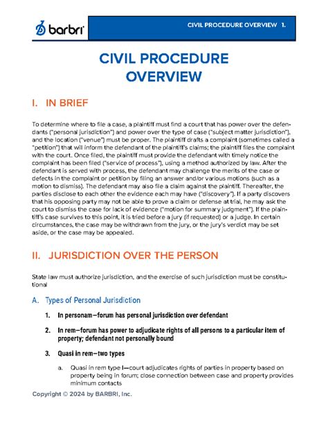 Barbari Civ Pro Outline Civil Procedure Overview Civil