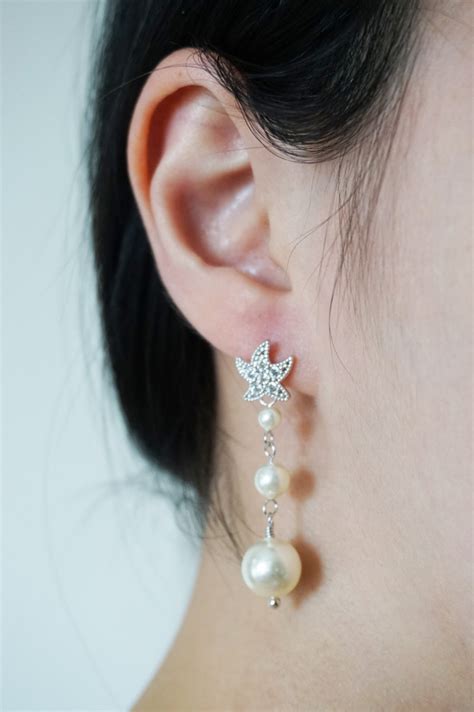 Sabia Crystal Star Ear Post With Pearls Drop Bridal Etsy