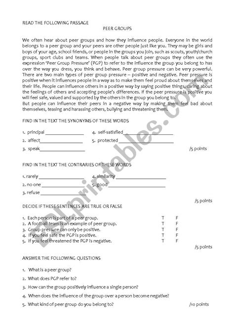 Peer Groups Esl Worksheet By Gigein