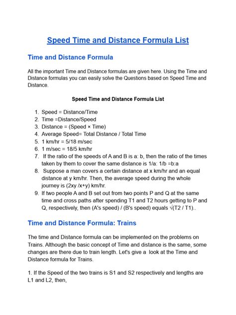 Time and Distance Formula | PDF | Speed | Train