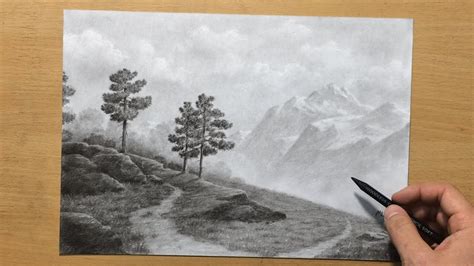 Distant Mountains Landscape Drawing in Charcoal and Graphite - YouTube