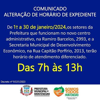 Comunicado Alteração de horário de expediente Prefeitura de Montenegro