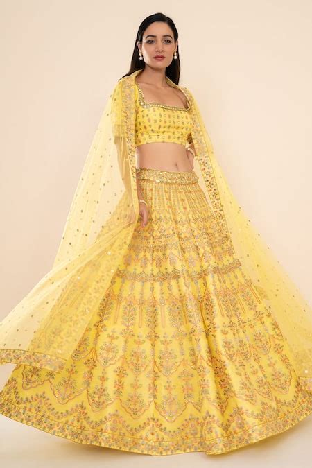 Buy Yellow Organza Embroidery Square Neck Bridal Lehenga Set For Women