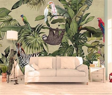 Forest Wallpaper Vintage Jungle Wall Mural Tropical Home Decor Etsy