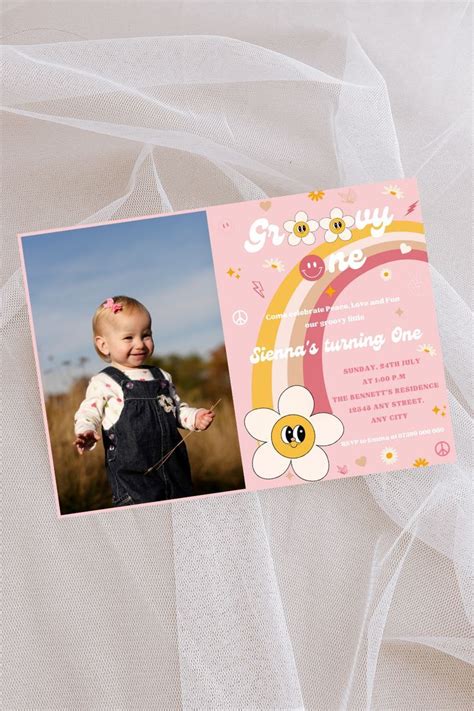 Editable Groovy One Birthday Party Invitation Peace Love Party Groovy