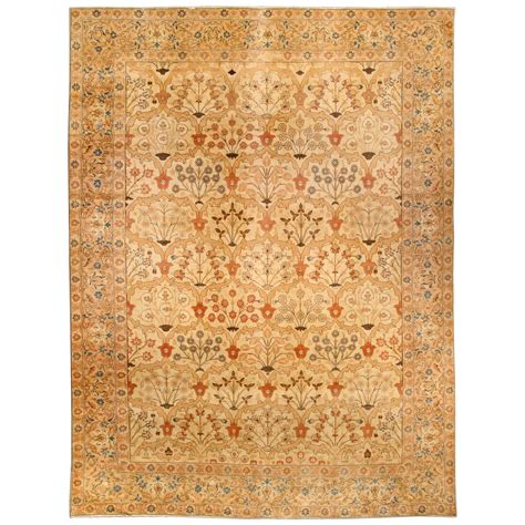 Midcentury Persian Tabriz Handmade Wool Rug In Beige And Brown For Sale