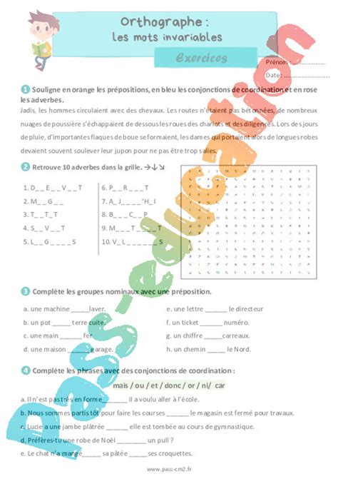 Les mots invariables Exercices d orthographe 5eme Primaire PDF à