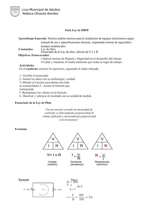 Guia Ley De Ohm Ejercicios Ley De Ohm Liceo Municipal De Adultos