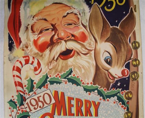 Vintage 1950 Merry Christmas Santa Claus Rudolf Reindeer Lithograph Poster Print | Collectors Weekly