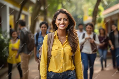 Premium Ai Image Young Indian College Girl Holding Backpack And Books And Giving Happy Expression