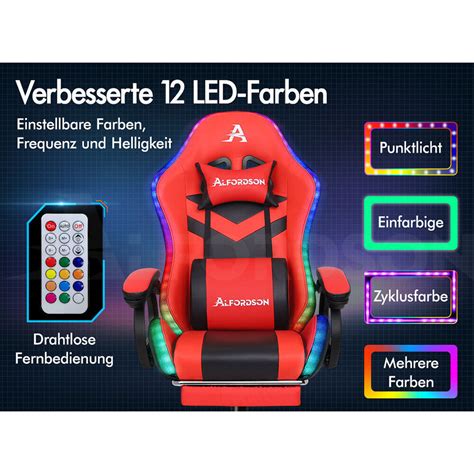 ALFORDSON Gaming Stuhl Mit 8 Punkt Massage 12 Farben RGB LED Licht Rot