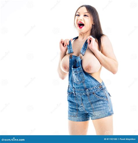 Nude Woman Denim Overalls Stock Photo Image Of Belly 81192108