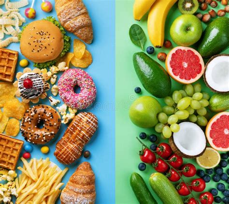 Healthy And Unhealthy Food Background From Fruits And Vegetables Vs