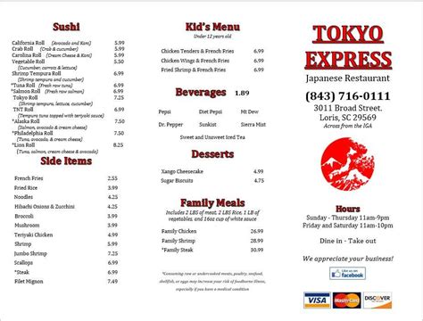 Menu at Tokyo Express Inc restaurant, Loris