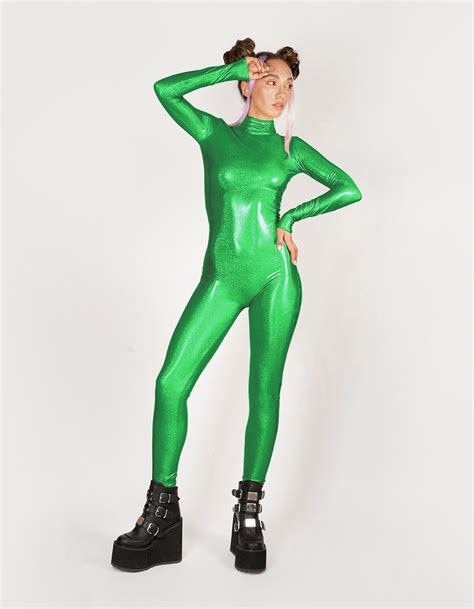 Hologram Iridescent Green Catsuit Spandex Jumpsuit Unitard Etsy Uk