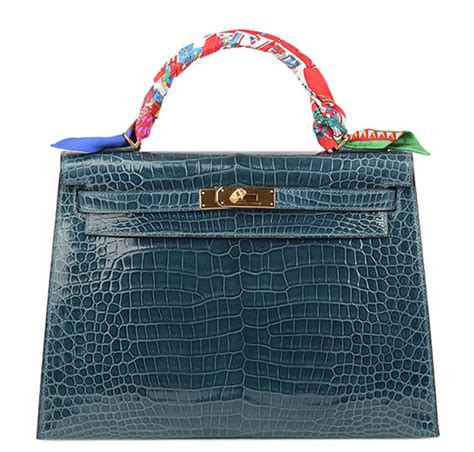 Hermès Kelly 32 Bag Blue Roi Porosus Crocodile Gold Hardware Baghunter