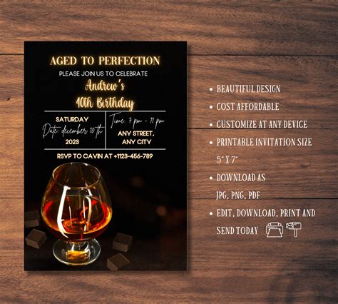 Adult Birthday Invitation Editable Wiskey Cognac Brandy Liquor Bday Party Invite For Men Aged