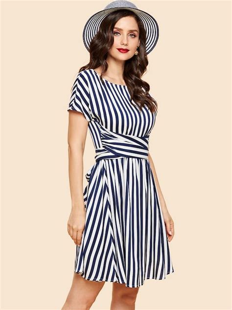 Zip Back Belted Striped Print Dress Shein Sheinside Print Dress