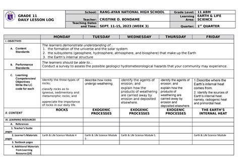 Dll Els Week3 Q1 Daily Lesson Grade 11 Daily Lesson Log School Rang Ayan National High