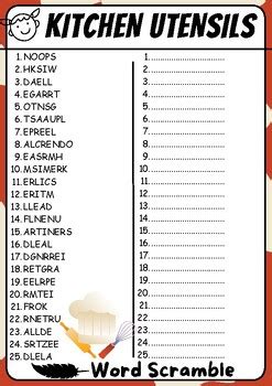 Kitchen Utensils Word Scramble Puzzle All About Kitchen Utensils