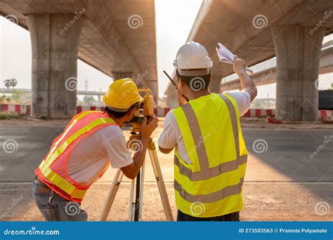 Asian Teamwork Of Civil Engineer And Surveyor Engineers Standing