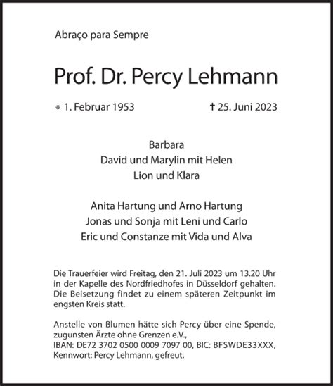 Traueranzeigen Von Percy Lehmann SZ Gedenken De