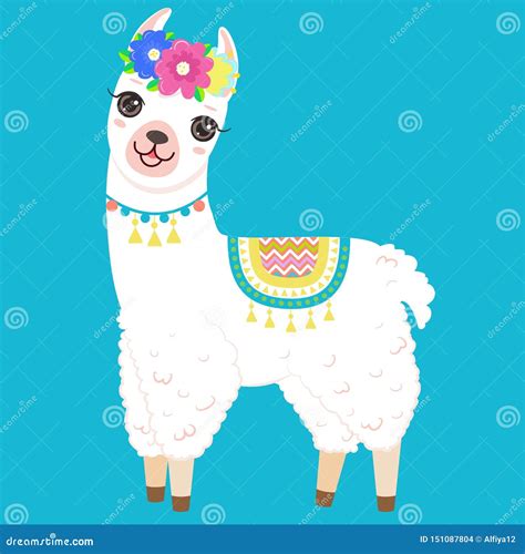 Cute White Llama With Colorful Flowers On The Head Stock Vector