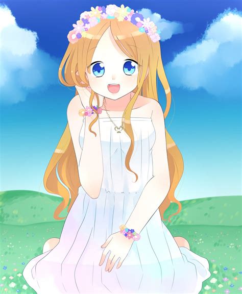 Safebooru 1girl Blonde Hair Blue Eyes Dress Flower Hair Flower Hair Ornament Happy Head Wreath