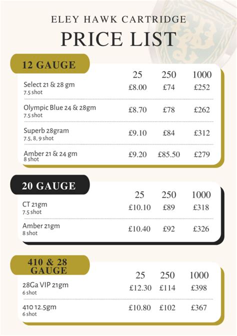 Catridge Price List Poster Lea Marston Shooting Club