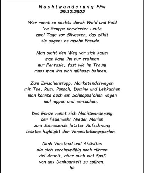 Gedicht zur Nachtwanderung 2022 Freiwillige Feuerwehr Nieder Mörlen