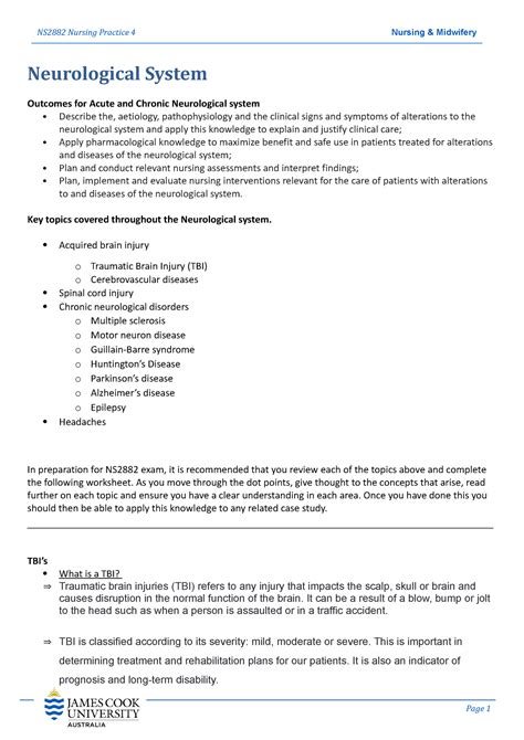 1 NS2882 Neuro Exam Prep Worksheet Neurological System Outcomes For