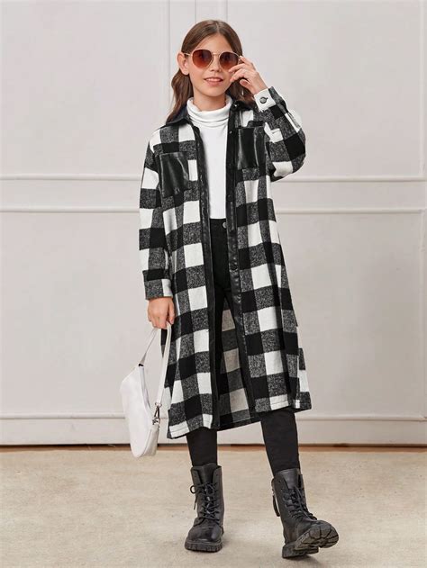 SHEIN Tween Girl Buffalo Plaid Print Drop Shoulder Pocket Patched