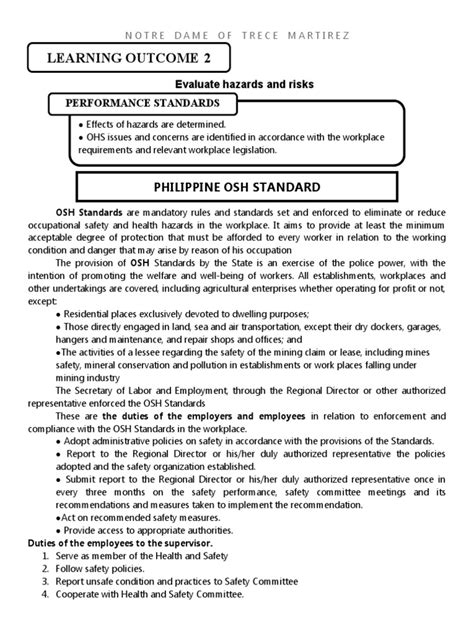 Learning Outcome 2 Philippine Osh Standard Pdf Occupational Safety And Health Stress