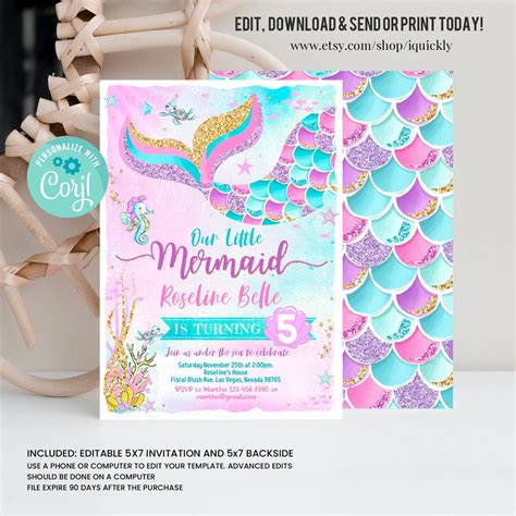 Editable Mermaid Birthday Invitation Mermaid Invite Under The Worksheets Library