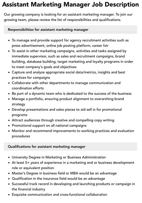 Assistant Marketing Manager Job Description Velvet Jobs