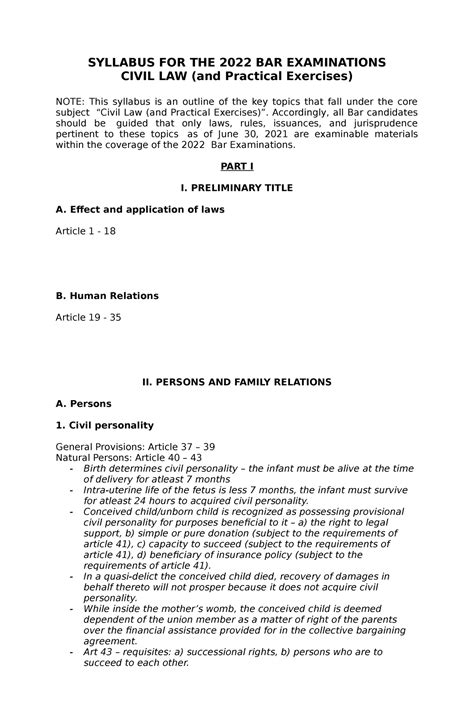 Civil Law And Practical Exercises 2022 Bar Syllabus Syllabus For The 2022 Bar Examinations