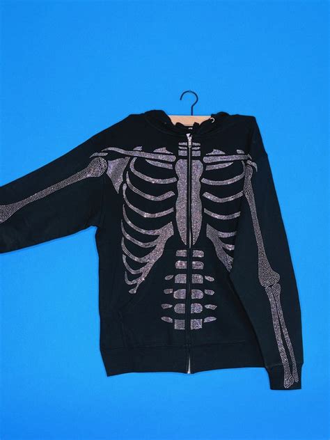 Rhinestone Skeleton Hoodie Black Zip Up Mens Etsy