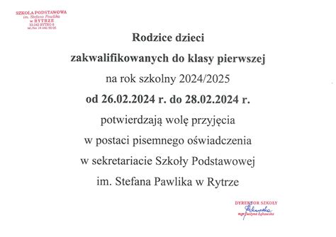 Potwierdzenie Woli Przyj Cia Dziecka Do Pierwszej Klasy Szko A