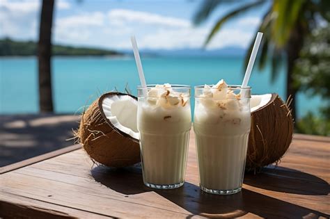 Premium AI Image | tropical coconut drinks on the beach