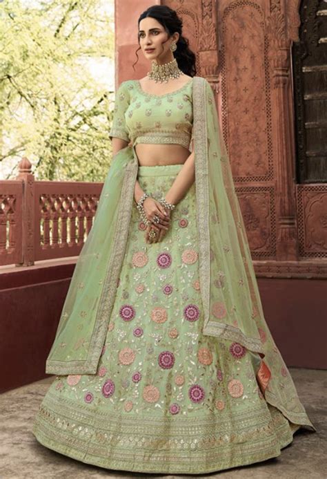 Pista Green Organza Silk Lehenga Choli Lehengas Designer Collection