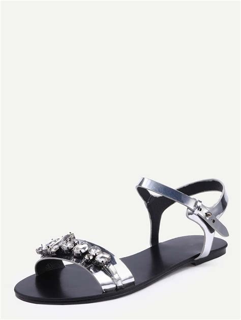 Rhinestone Embellished Faux Leather Sandals Silver SheIn Sheinside