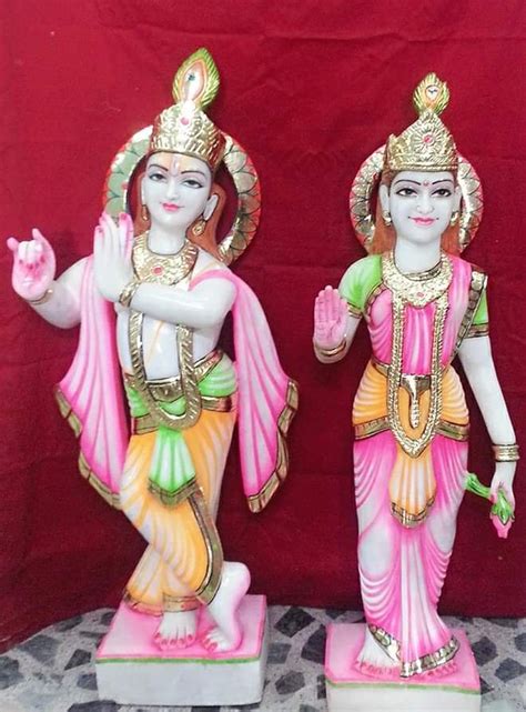 Painted Hindu White Marble Radha Krishna Statue For Worship Size 2