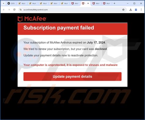 McAfee Subscription Payment Failed POP UP Arnaque Étapes de